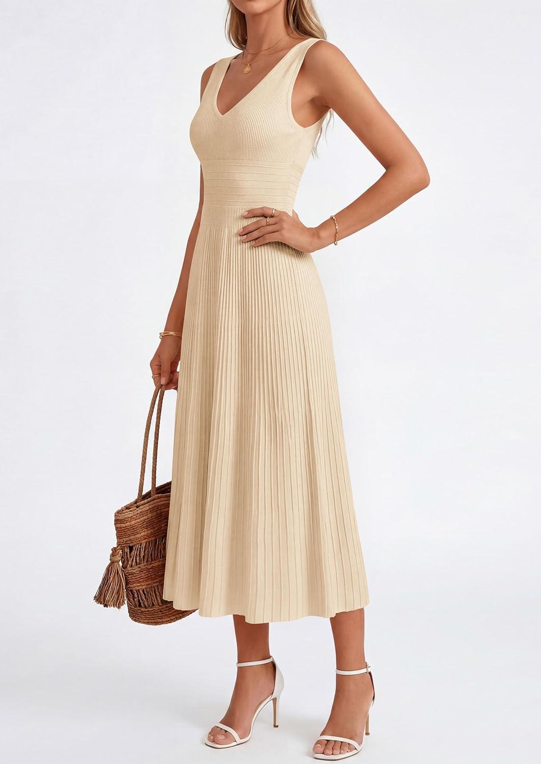 imagePRETTYGARDEN Womens Summer Casual Dresses 2026 Spring Sleeveless V Neck Knit Midi Business Work A Line Cocktail DressBeige