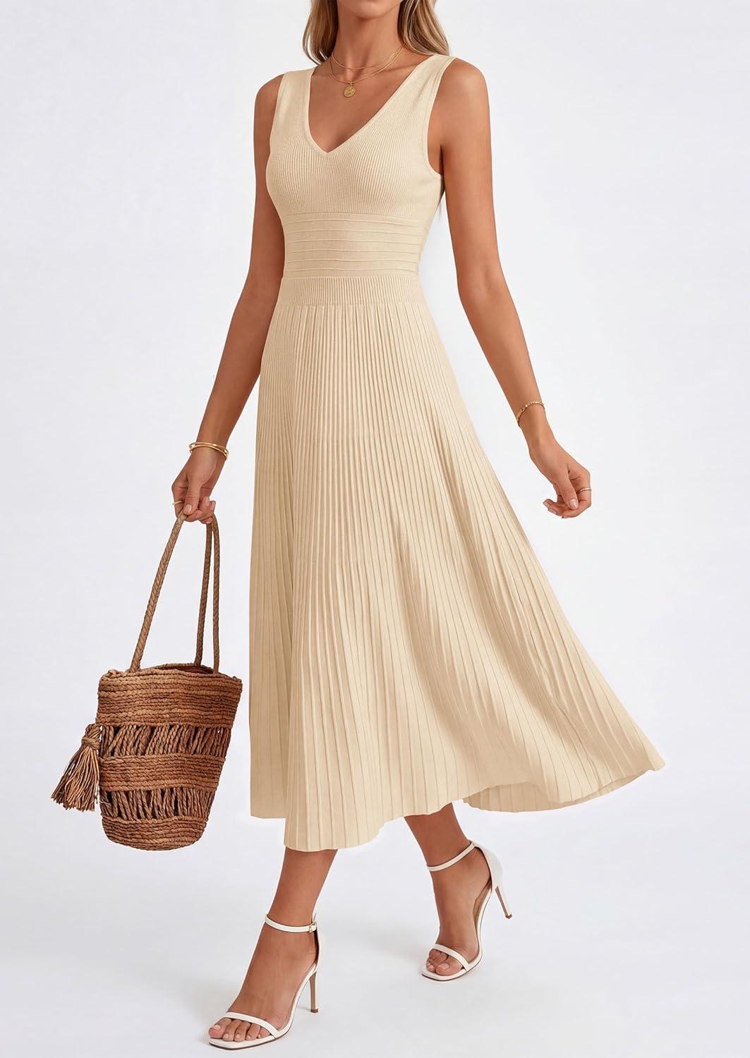 imagePRETTYGARDEN Womens Summer Casual Dresses 2026 Spring Sleeveless V Neck Knit Midi Business Work A Line Cocktail DressBeige