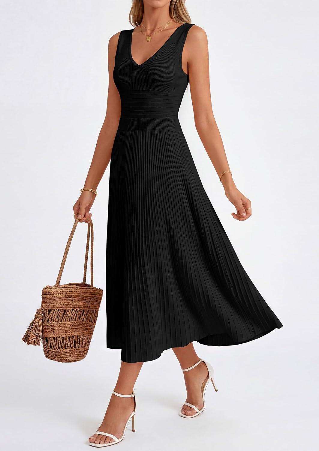 imagePRETTYGARDEN Womens Summer Casual Dresses 2026 Spring Sleeveless V Neck Knit Midi Business Work A Line Cocktail DressBlack