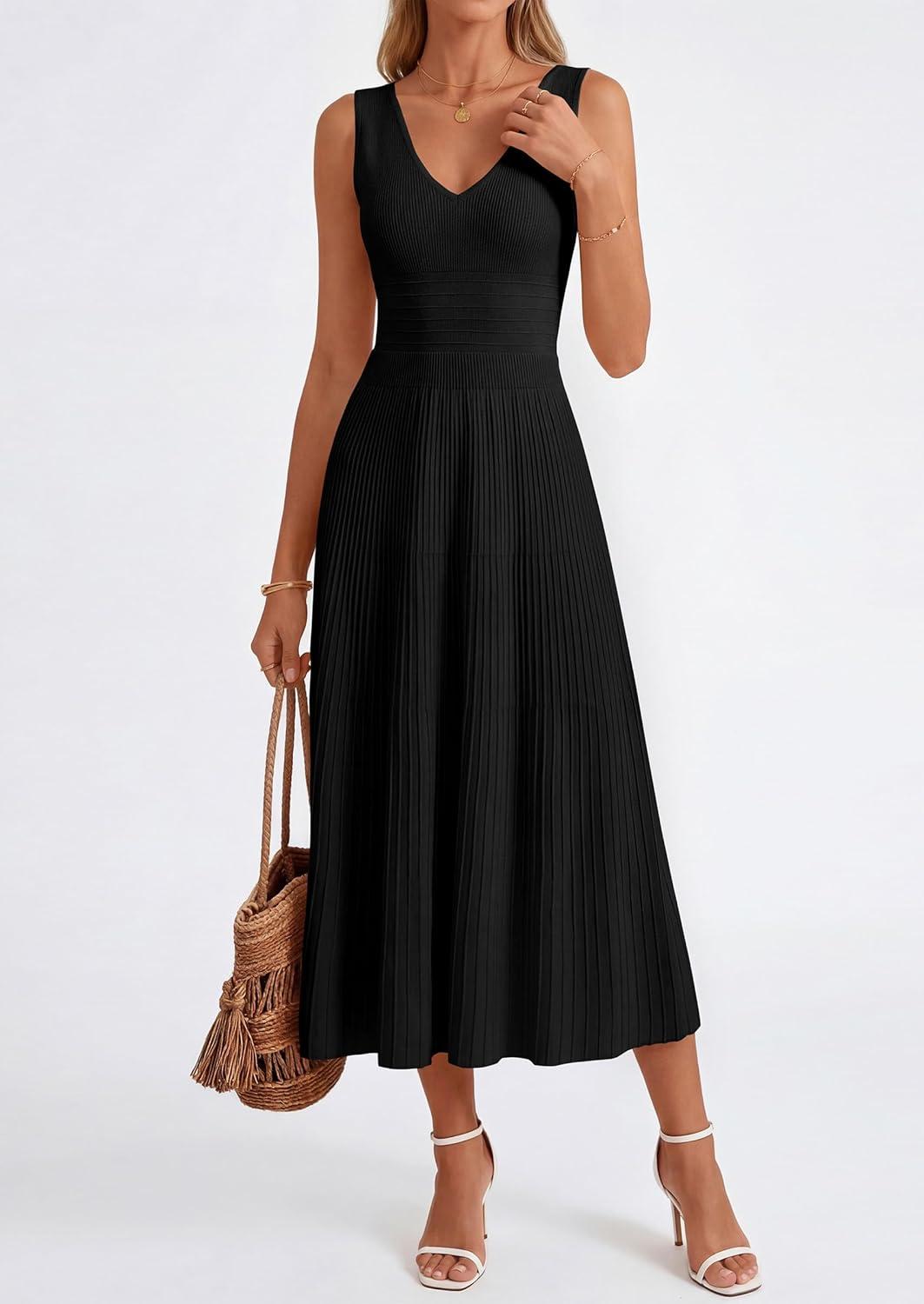 imagePRETTYGARDEN Womens Summer Casual Dresses 2026 Spring Sleeveless V Neck Knit Midi Business Work A Line Cocktail DressBlack