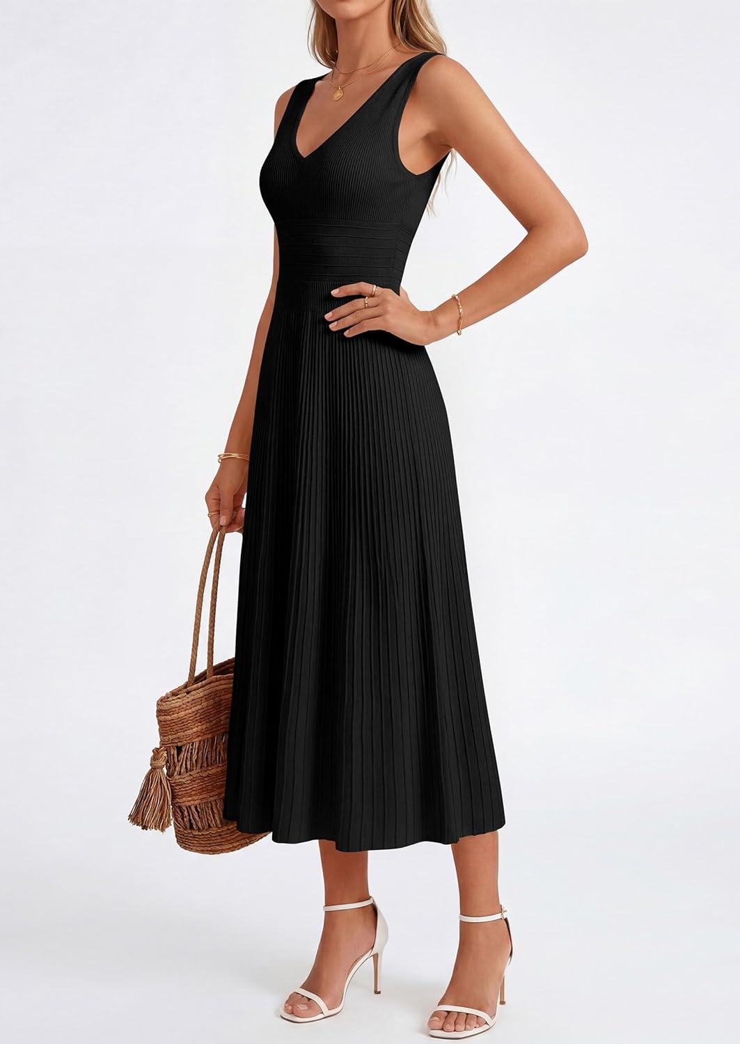 imagePRETTYGARDEN Womens Summer Casual Dresses 2026 Spring Sleeveless V Neck Knit Midi Business Work A Line Cocktail DressBlack