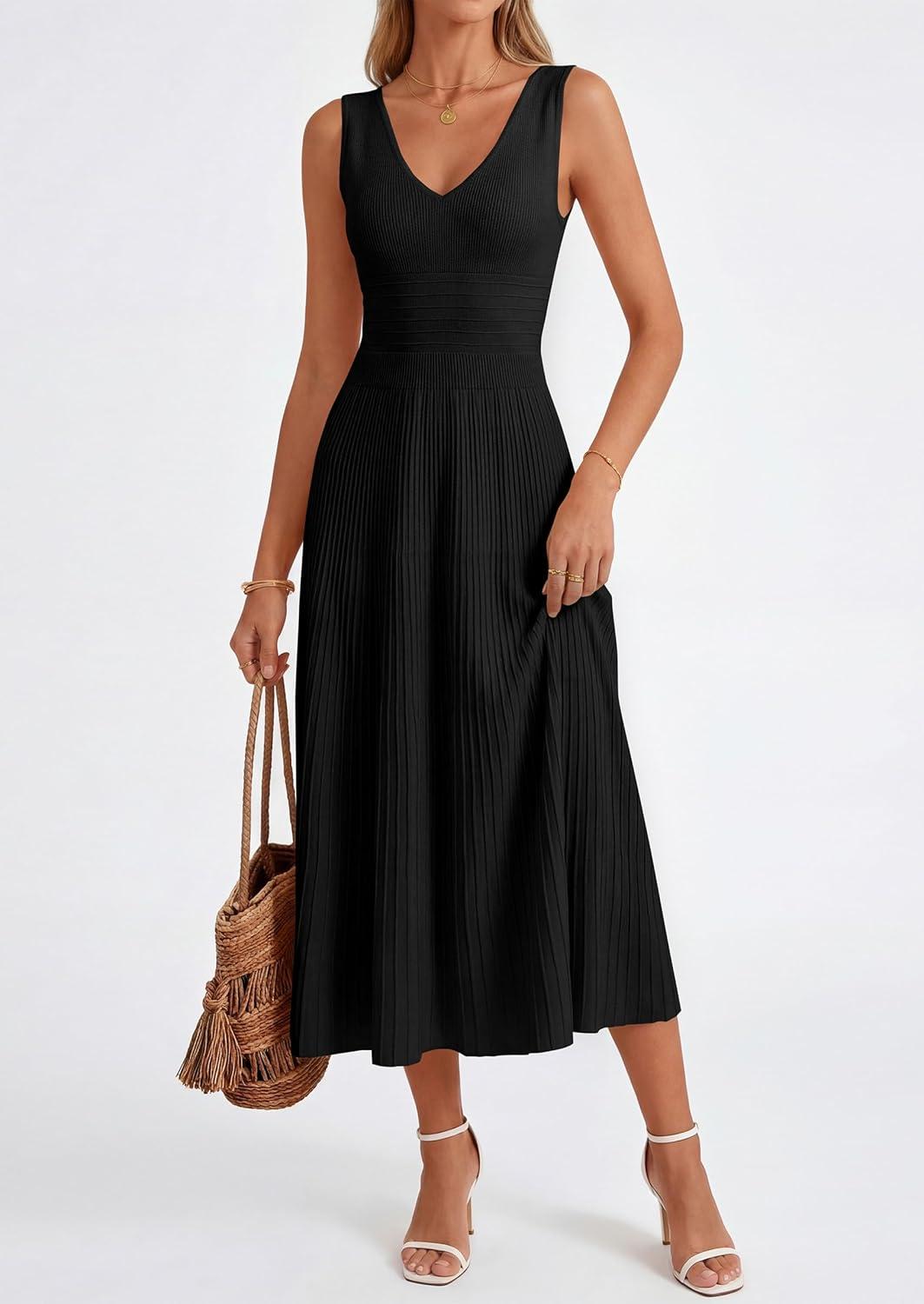 imagePRETTYGARDEN Womens Summer Casual Dresses 2026 Spring Sleeveless V Neck Knit Midi Business Work A Line Cocktail DressBlack
