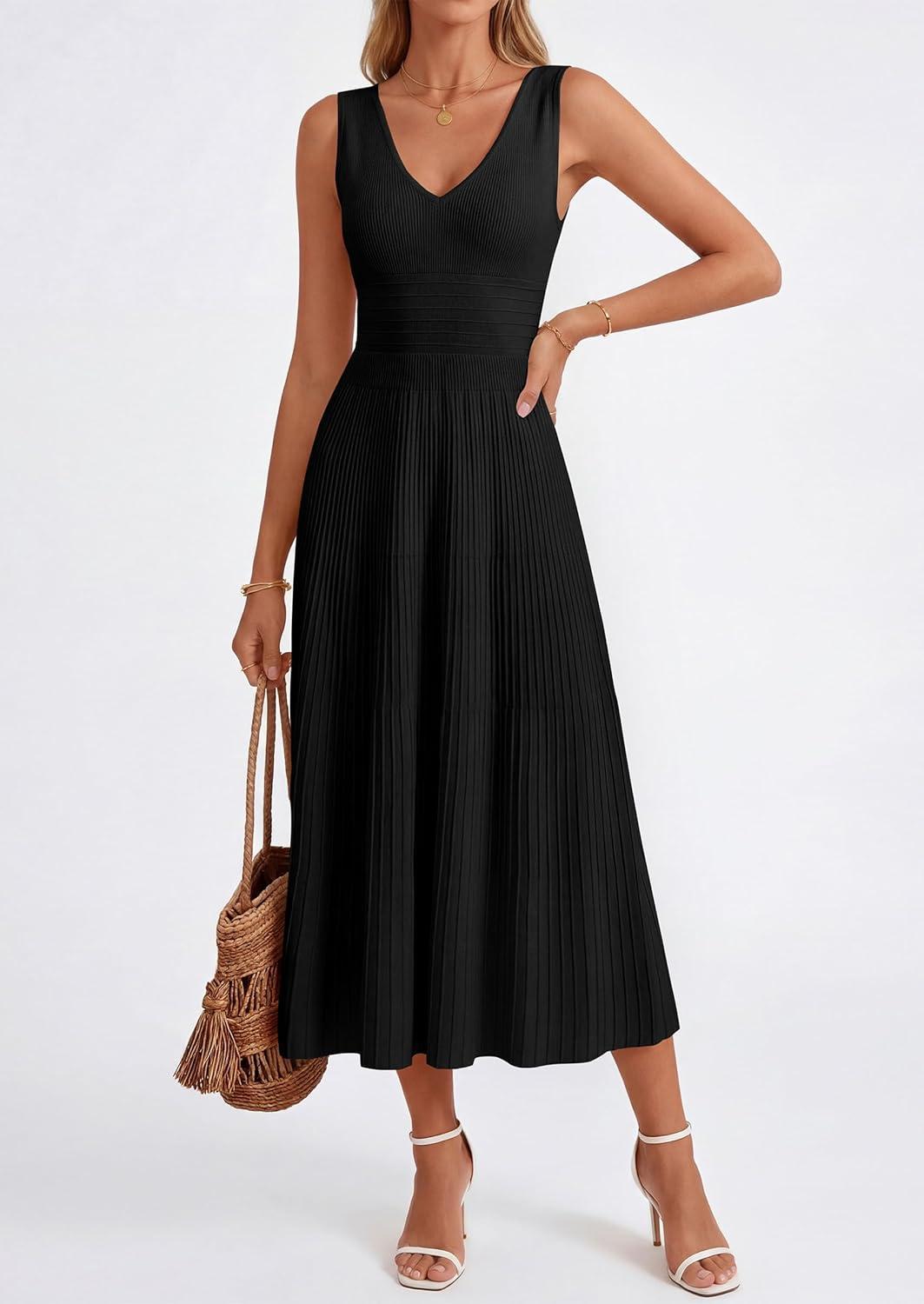 imagePRETTYGARDEN Womens Summer Casual Dresses 2026 Spring Sleeveless V Neck Knit Midi Business Work A Line Cocktail DressBlack