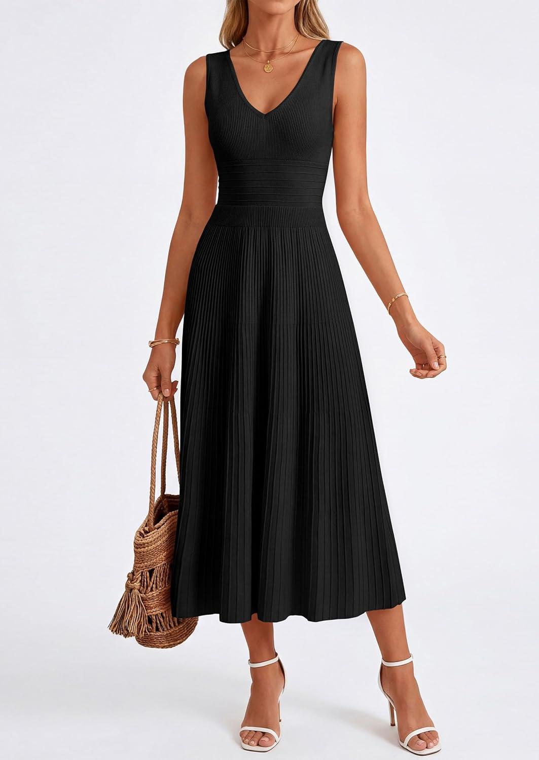 imagePRETTYGARDEN Womens Summer Casual Dresses 2026 Spring Sleeveless V Neck Knit Midi Business Work A Line Cocktail DressBlack