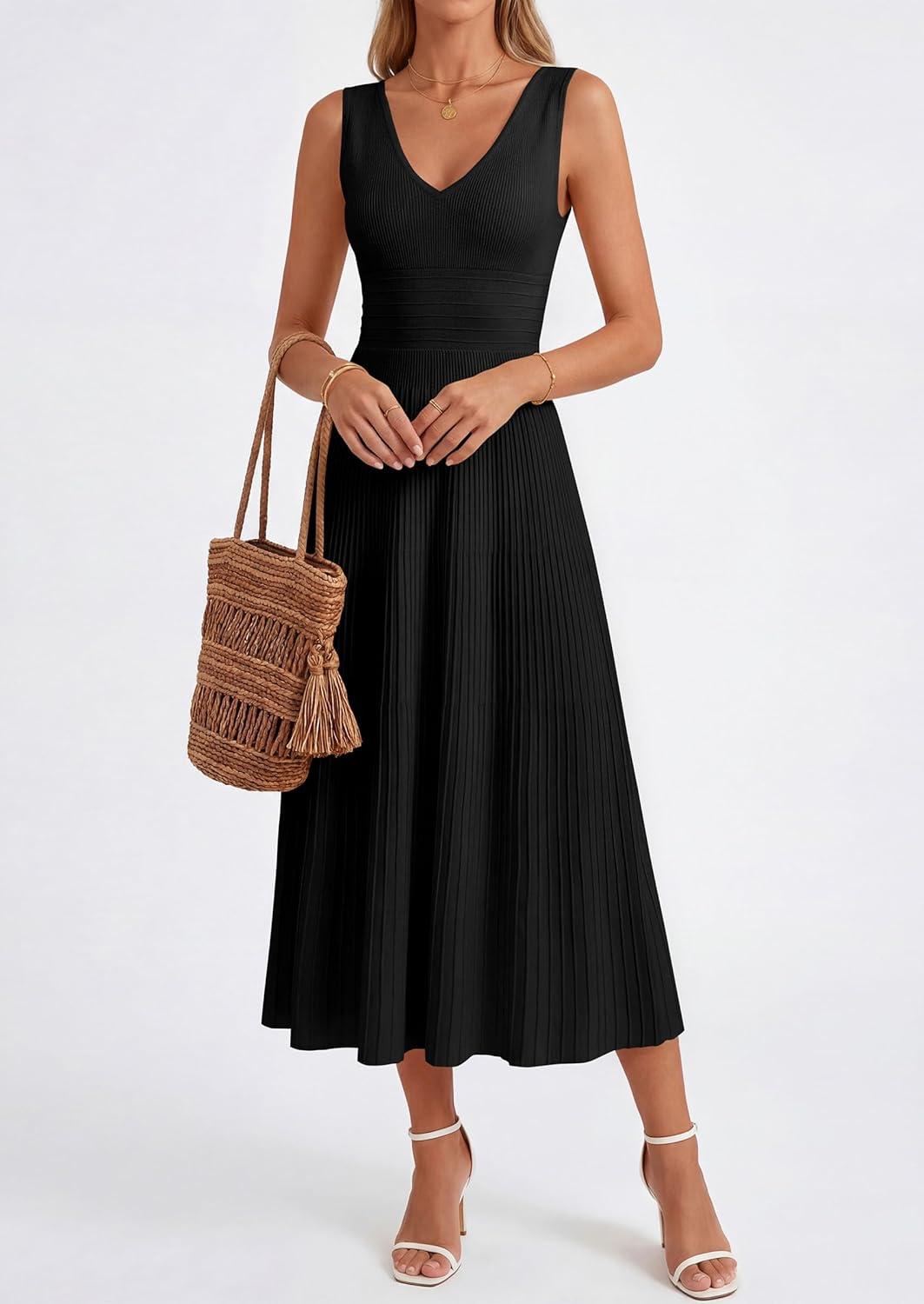 imagePRETTYGARDEN Womens Summer Casual Dresses 2026 Spring Sleeveless V Neck Knit Midi Business Work A Line Cocktail DressBlack