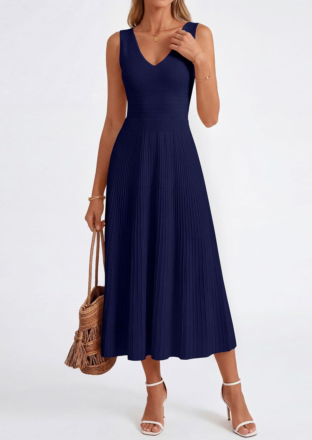 imagePRETTYGARDEN Womens Summer Casual Dresses 2026 Spring Sleeveless V Neck Knit Midi Business Work A Line Cocktail DressNavy
