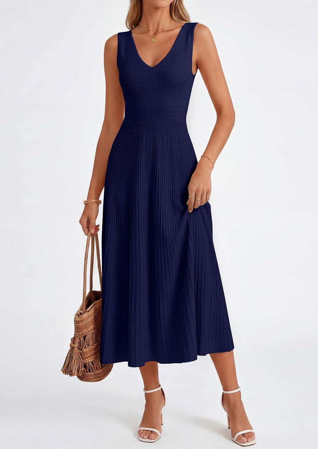 imagePRETTYGARDEN Womens Summer Casual Dresses 2026 Spring Sleeveless V Neck Knit Midi Business Work A Line Cocktail DressNavy