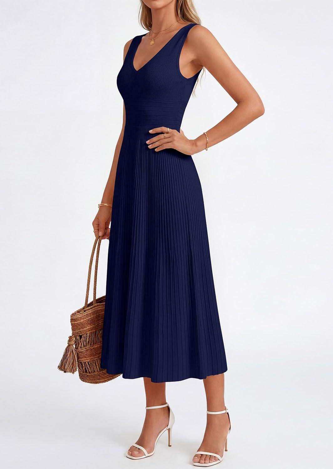 imagePRETTYGARDEN Womens Summer Casual Dresses 2026 Spring Sleeveless V Neck Knit Midi Business Work A Line Cocktail DressNavy