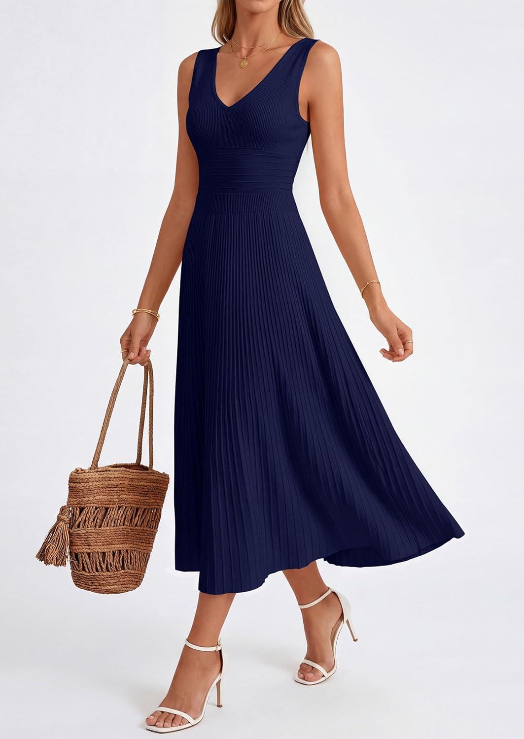 imagePRETTYGARDEN Womens Summer Casual Dresses 2026 Spring Sleeveless V Neck Knit Midi Business Work A Line Cocktail DressNavy