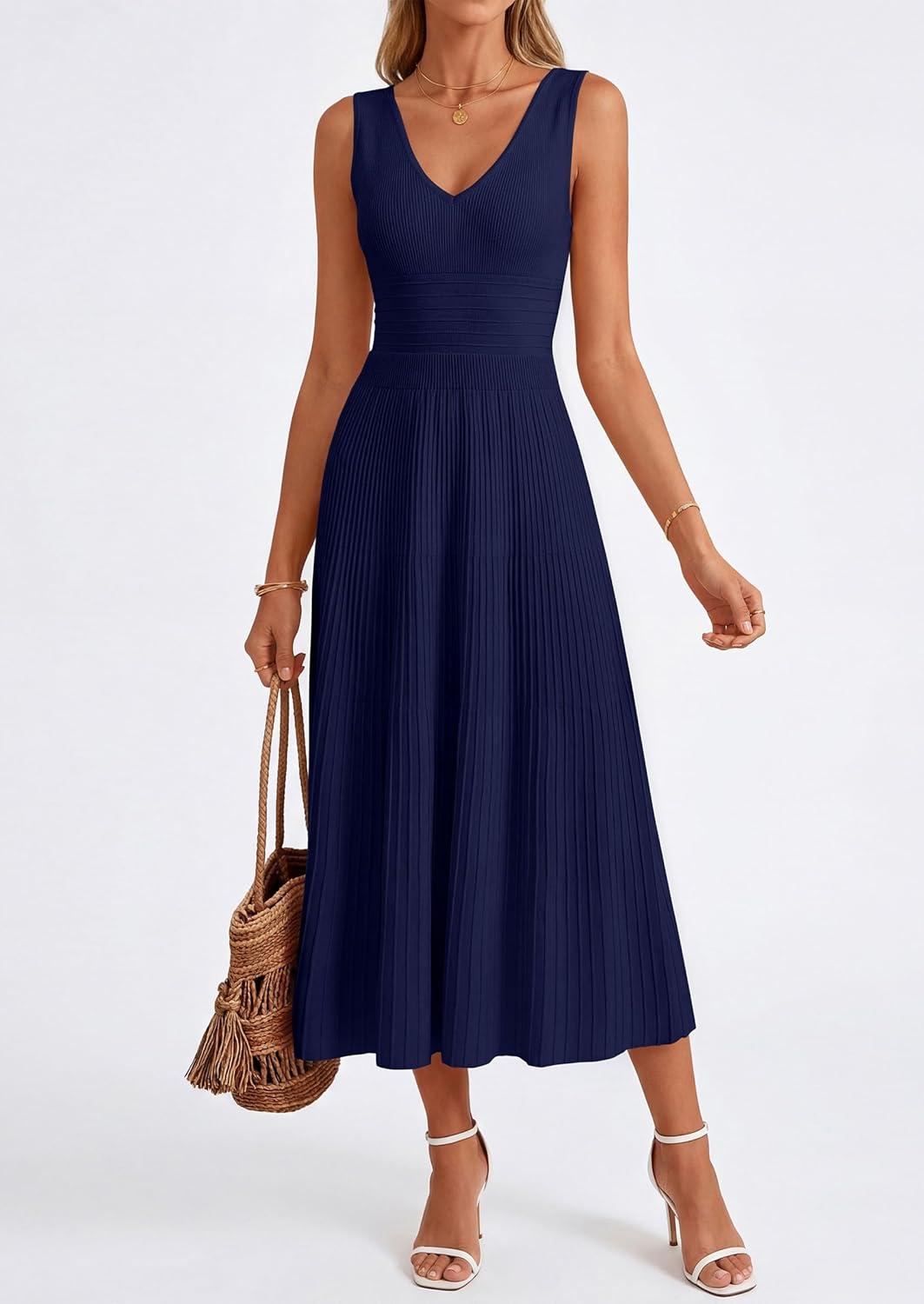 imagePRETTYGARDEN Womens Summer Casual Dresses 2026 Spring Sleeveless V Neck Knit Midi Business Work A Line Cocktail DressNavy