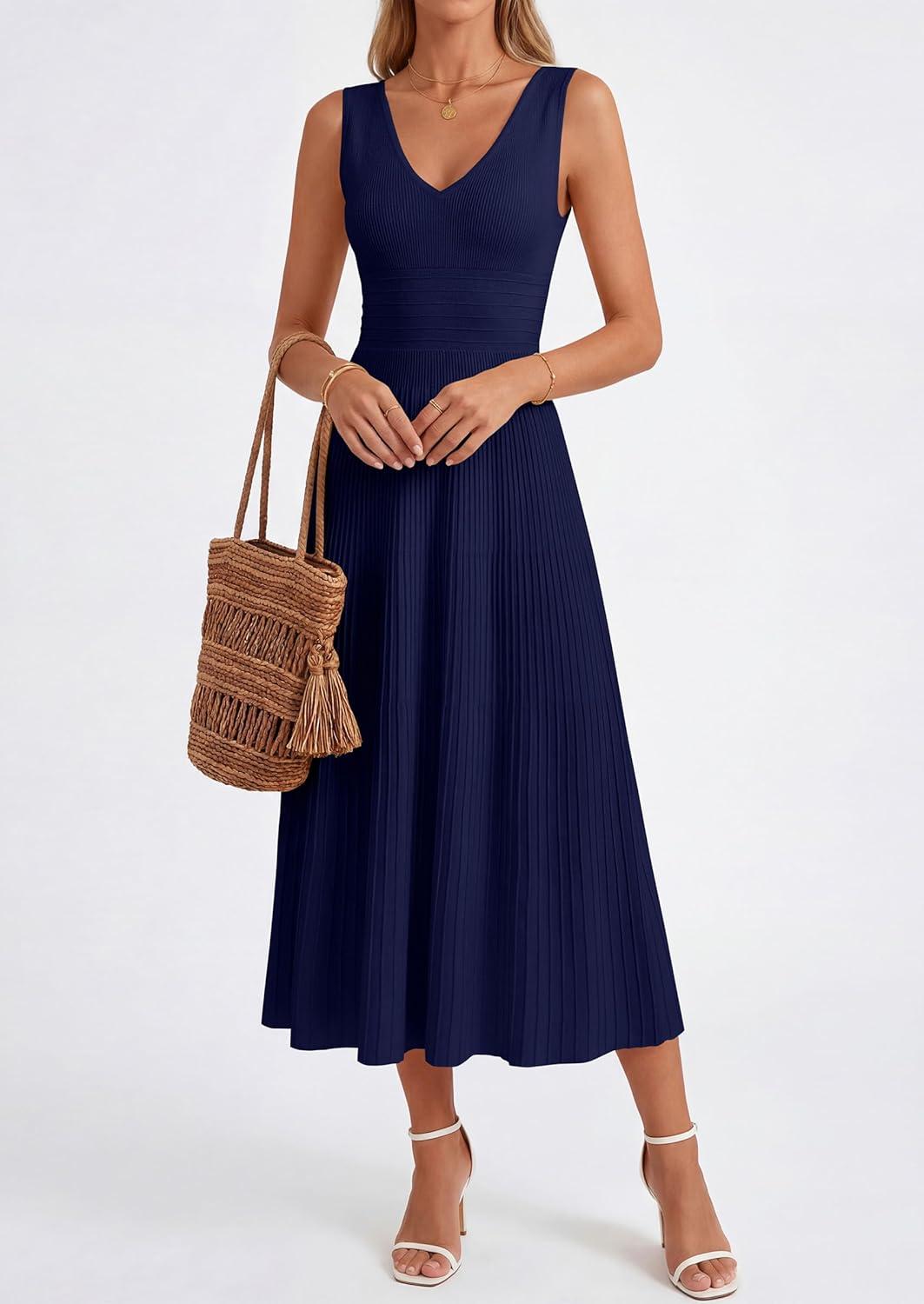 imagePRETTYGARDEN Womens Summer Casual Dresses 2026 Spring Sleeveless V Neck Knit Midi Business Work A Line Cocktail DressNavy
