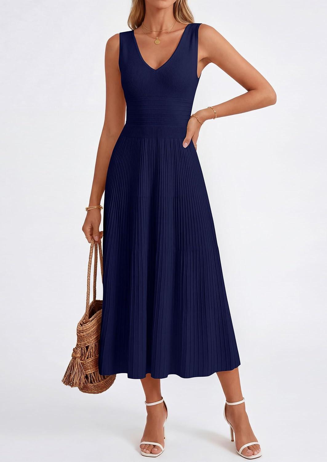 imagePRETTYGARDEN Womens Summer Casual Dresses 2026 Spring Sleeveless V Neck Knit Midi Business Work A Line Cocktail DressNavy