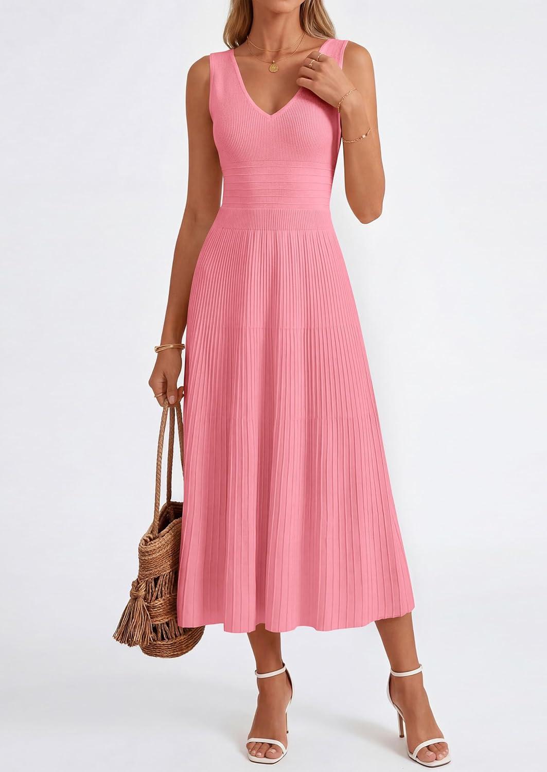 imagePRETTYGARDEN Womens Summer Casual Dresses 2026 Spring Sleeveless V Neck Knit Midi Business Work A Line Cocktail DressPink