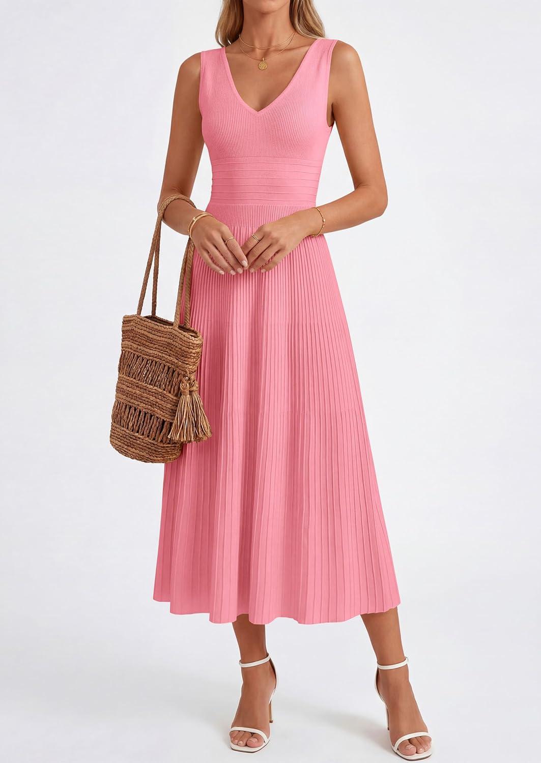 imagePRETTYGARDEN Womens Summer Casual Dresses 2026 Spring Sleeveless V Neck Knit Midi Business Work A Line Cocktail DressPink