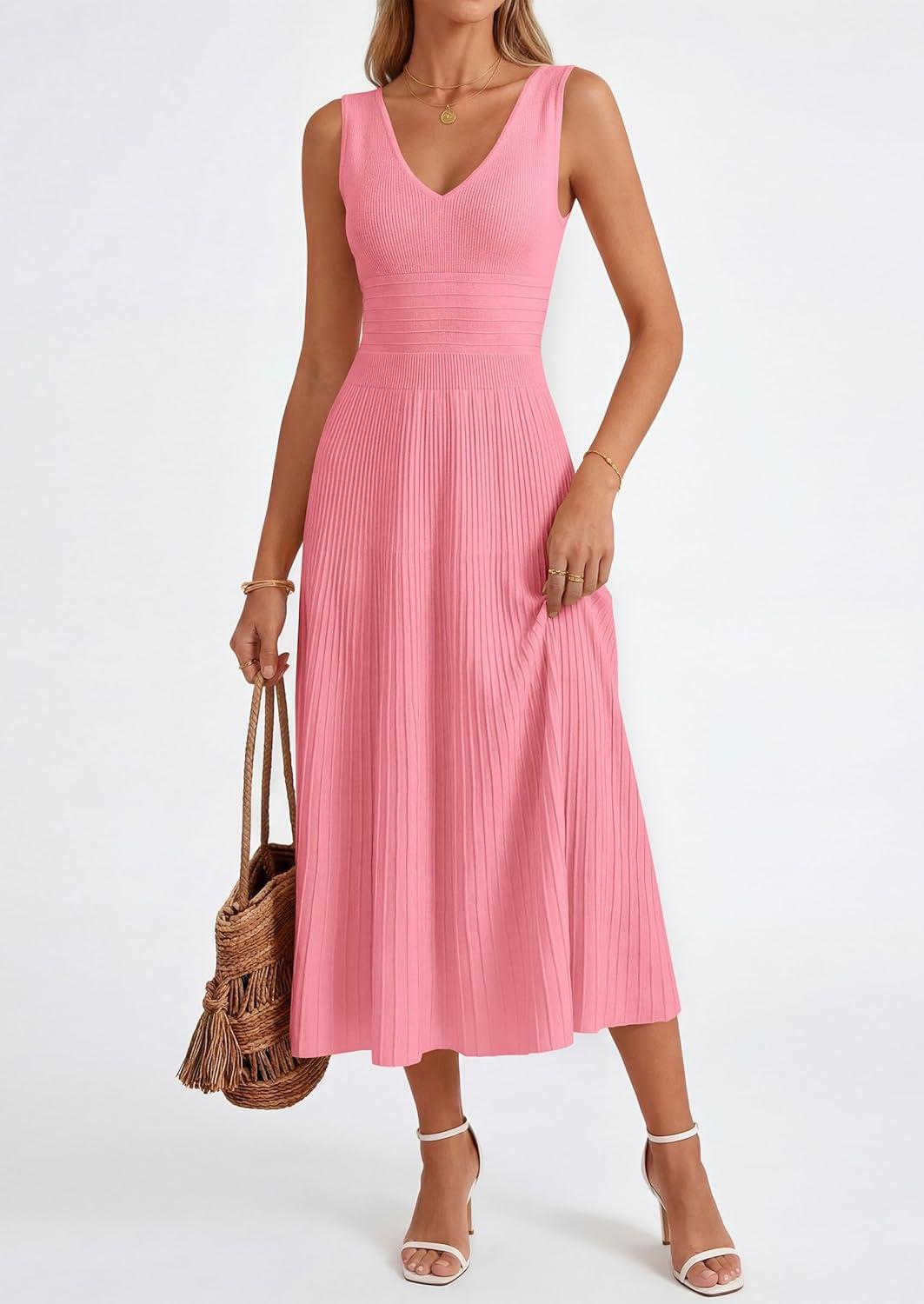 imagePRETTYGARDEN Womens Summer Casual Dresses 2026 Spring Sleeveless V Neck Knit Midi Business Work A Line Cocktail DressPink