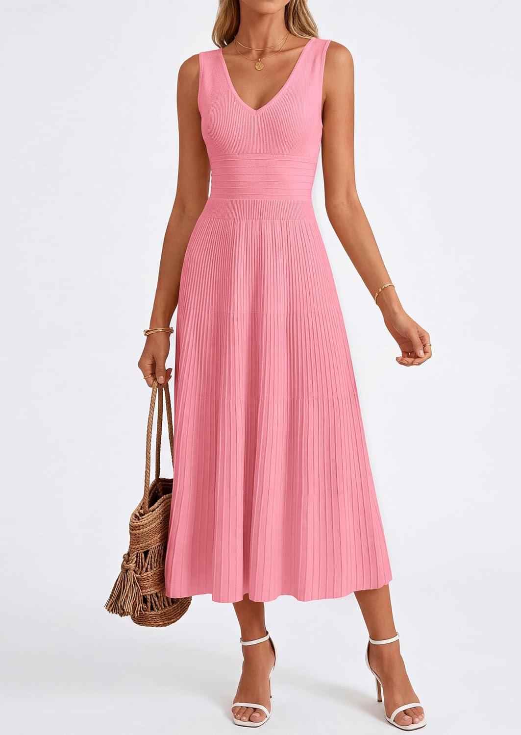 imagePRETTYGARDEN Womens Summer Casual Dresses 2026 Spring Sleeveless V Neck Knit Midi Business Work A Line Cocktail DressPink