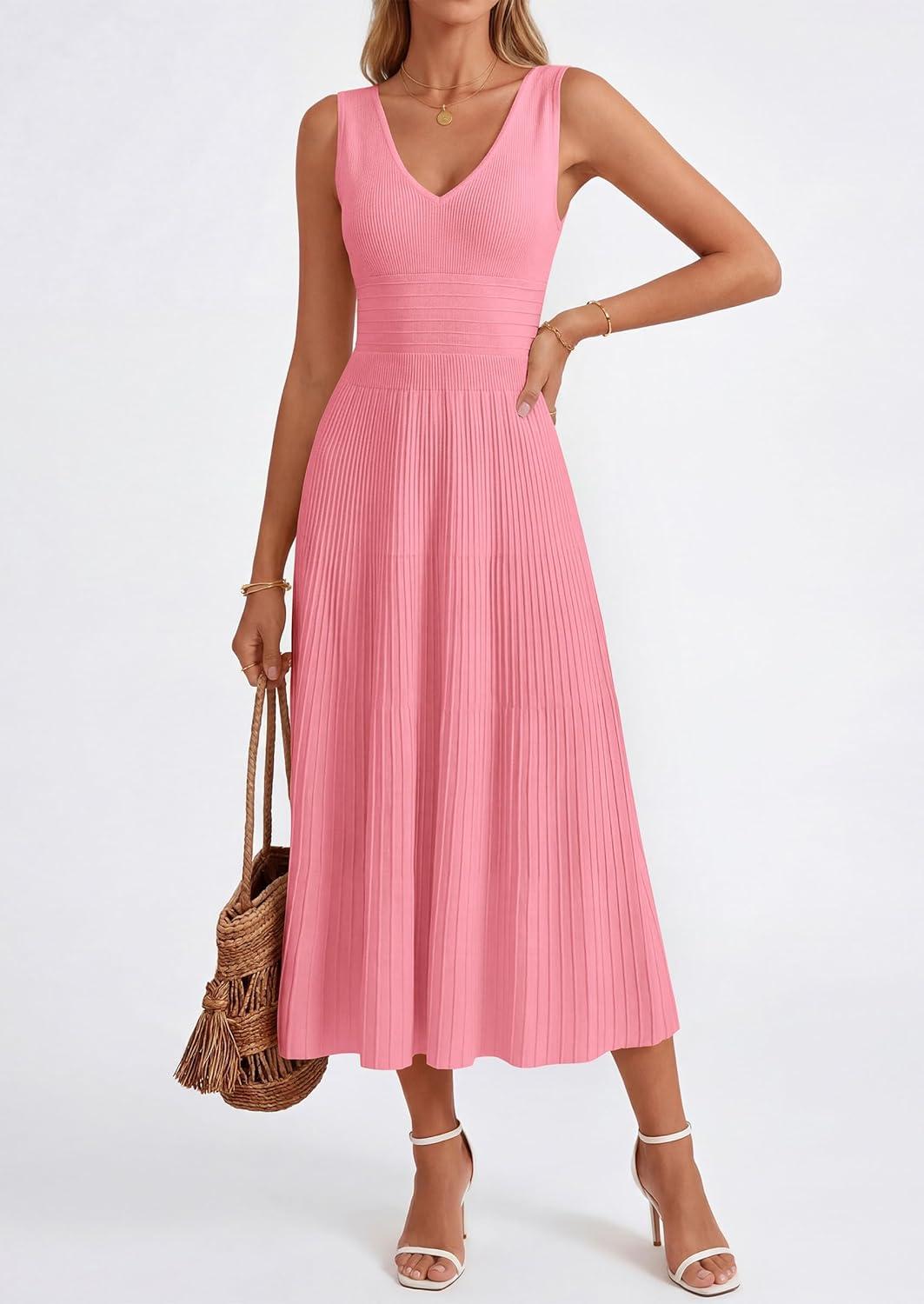 imagePRETTYGARDEN Womens Summer Casual Dresses 2026 Spring Sleeveless V Neck Knit Midi Business Work A Line Cocktail DressPink