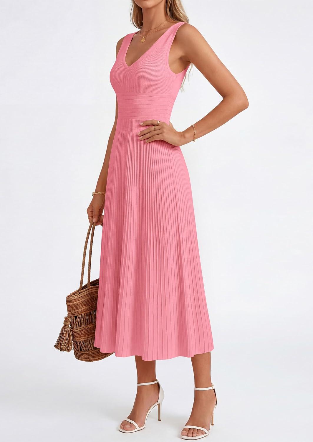 imagePRETTYGARDEN Womens Summer Casual Dresses 2026 Spring Sleeveless V Neck Knit Midi Business Work A Line Cocktail DressPink