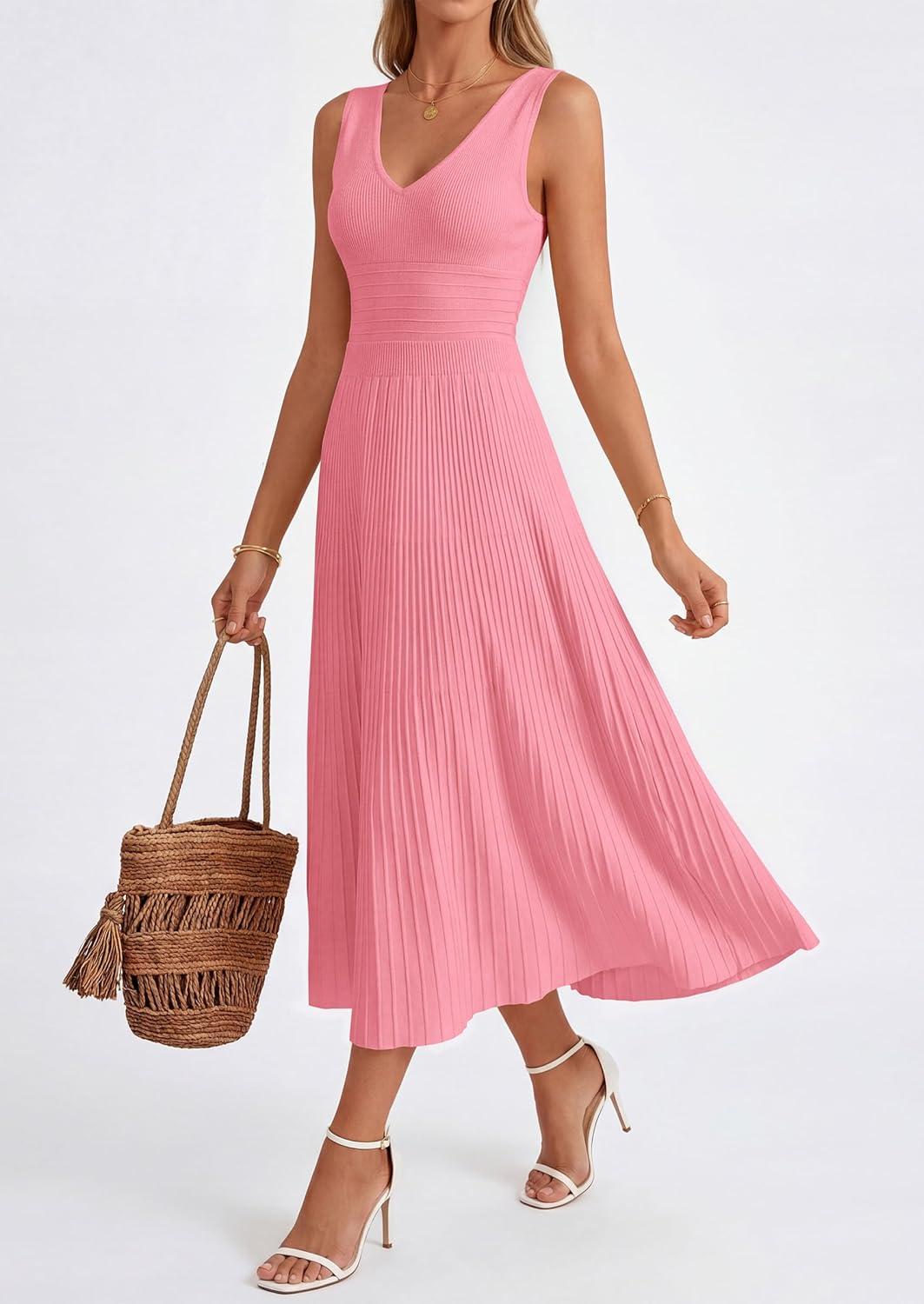 imagePRETTYGARDEN Womens Summer Casual Dresses 2026 Spring Sleeveless V Neck Knit Midi Business Work A Line Cocktail DressPink