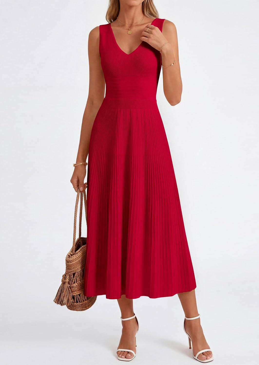 imagePRETTYGARDEN Womens Summer Casual Dresses 2026 Spring Sleeveless V Neck Knit Midi Business Work A Line Cocktail DressRed