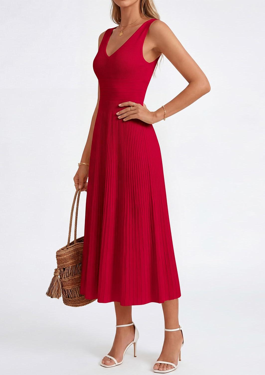 imagePRETTYGARDEN Womens Summer Casual Dresses 2026 Spring Sleeveless V Neck Knit Midi Business Work A Line Cocktail DressRed