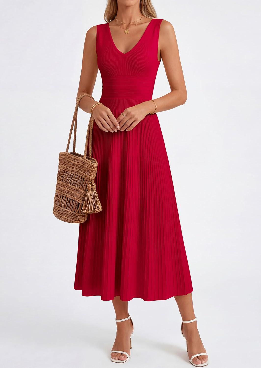 imagePRETTYGARDEN Womens Summer Casual Dresses 2026 Spring Sleeveless V Neck Knit Midi Business Work A Line Cocktail DressRed