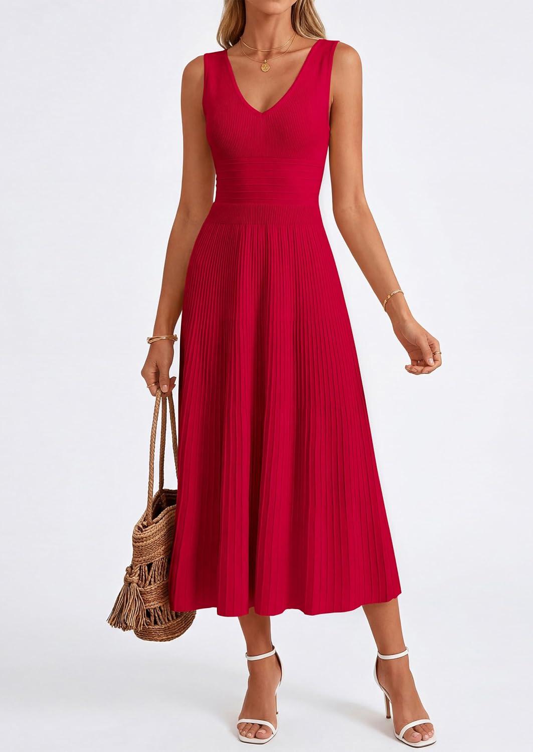 imagePRETTYGARDEN Womens Summer Casual Dresses 2026 Spring Sleeveless V Neck Knit Midi Business Work A Line Cocktail DressRed
