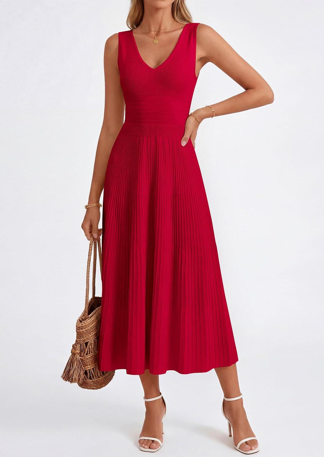 imagePRETTYGARDEN Womens Summer Casual Dresses 2026 Spring Sleeveless V Neck Knit Midi Business Work A Line Cocktail DressRed