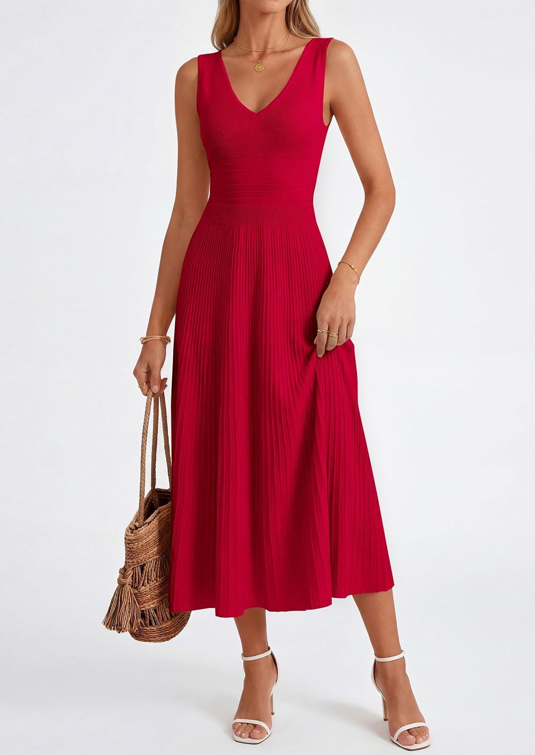 imagePRETTYGARDEN Womens Summer Casual Dresses 2026 Spring Sleeveless V Neck Knit Midi Business Work A Line Cocktail DressRed