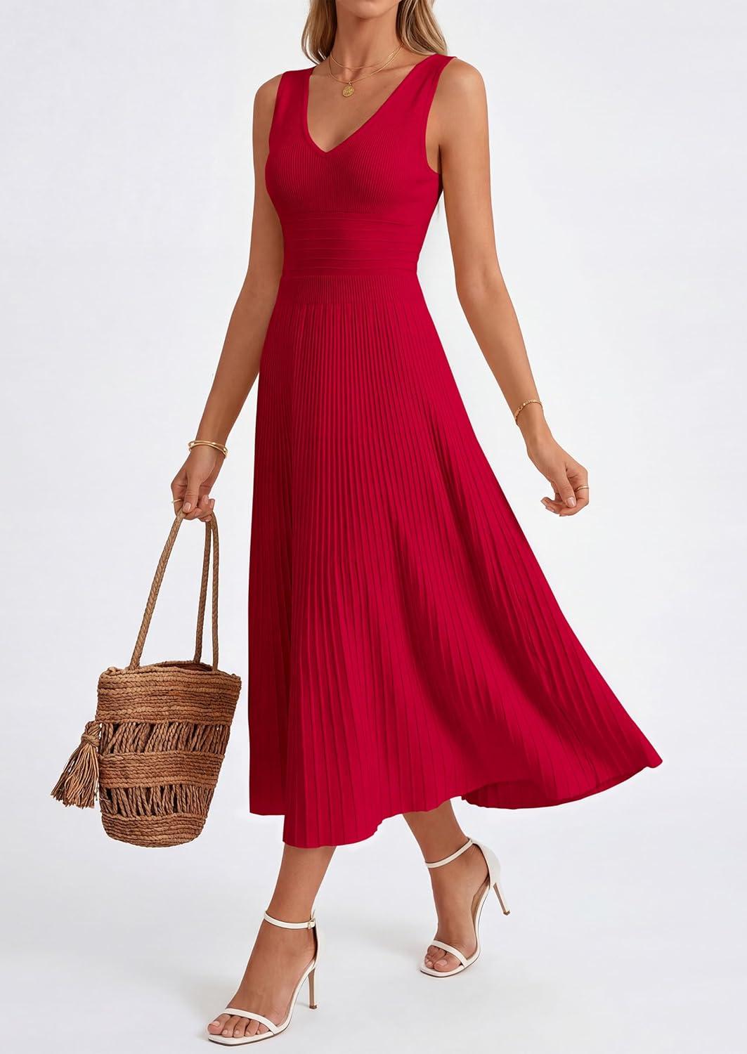 imagePRETTYGARDEN Womens Summer Casual Dresses 2026 Spring Sleeveless V Neck Knit Midi Business Work A Line Cocktail DressRed
