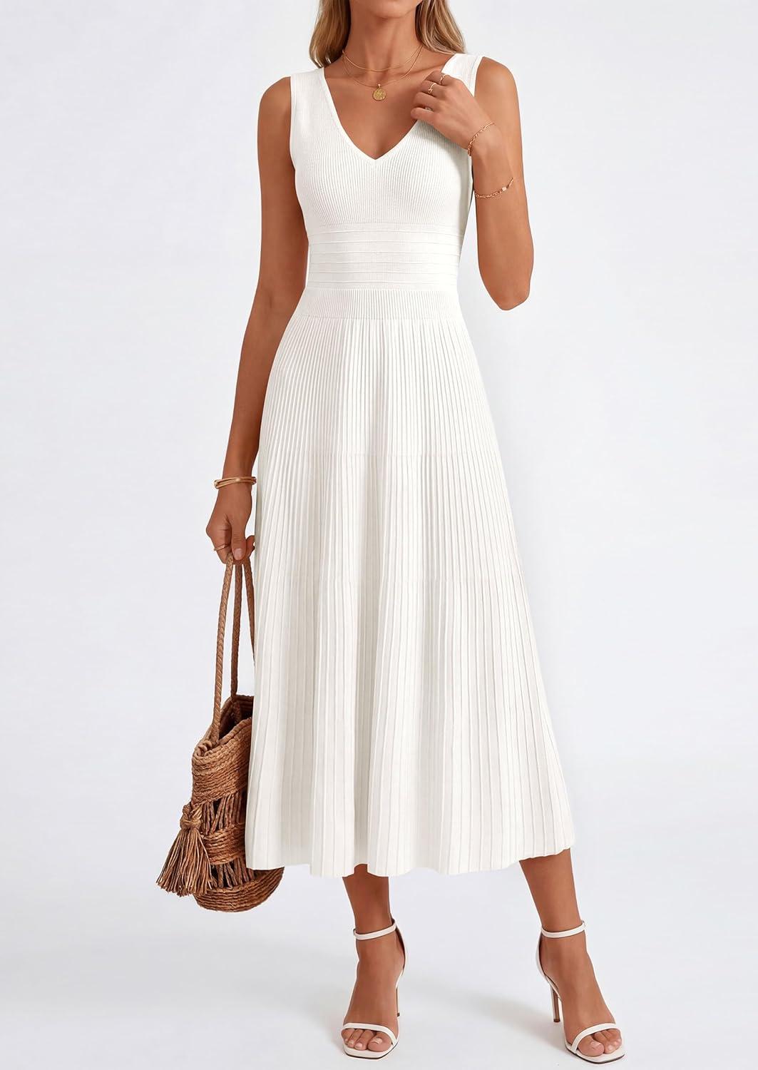 imagePRETTYGARDEN Womens Summer Casual Dresses 2026 Spring Sleeveless V Neck Knit Midi Business Work A Line Cocktail DressWhite