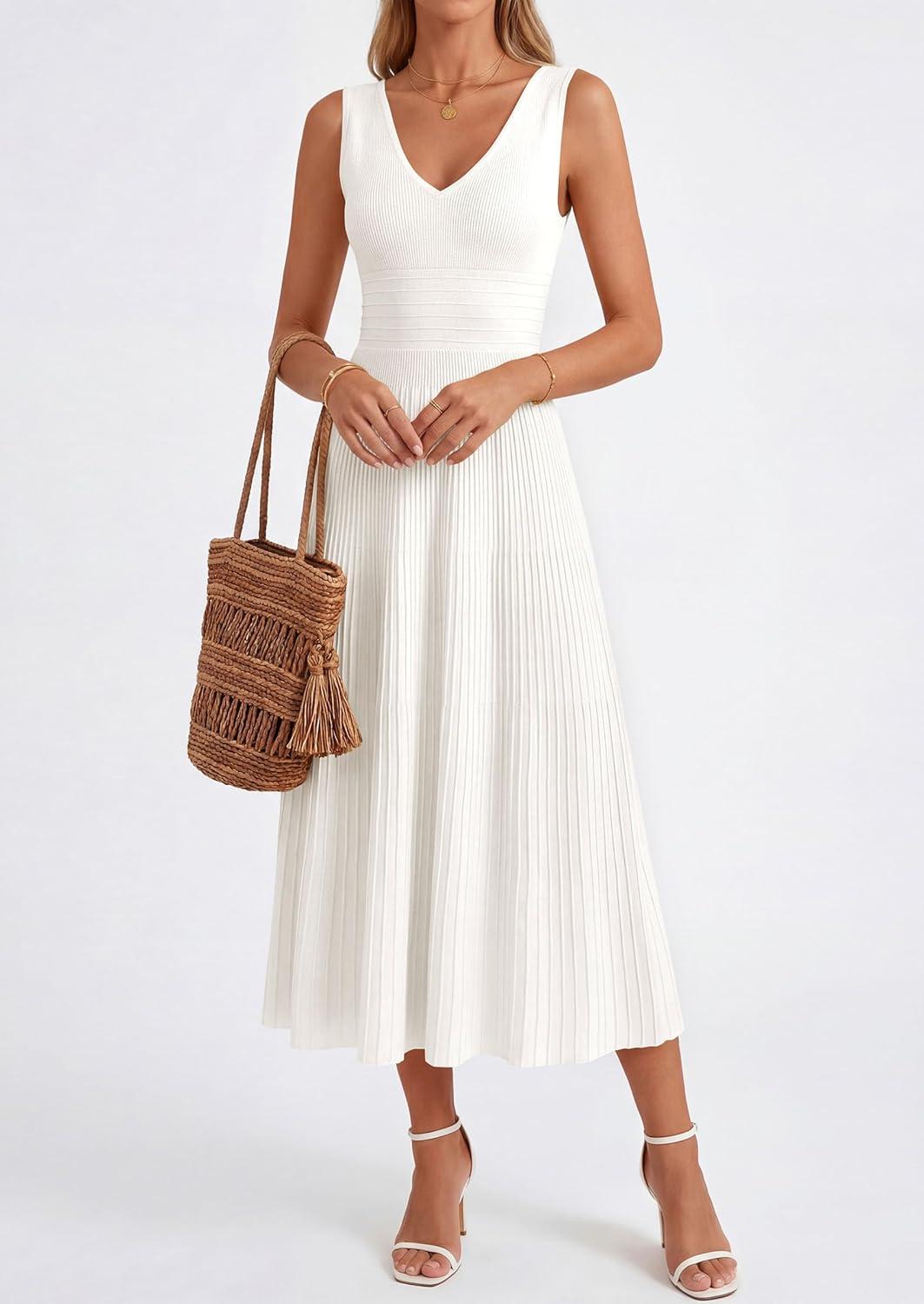 imagePRETTYGARDEN Womens Summer Casual Dresses 2026 Spring Sleeveless V Neck Knit Midi Business Work A Line Cocktail DressWhite