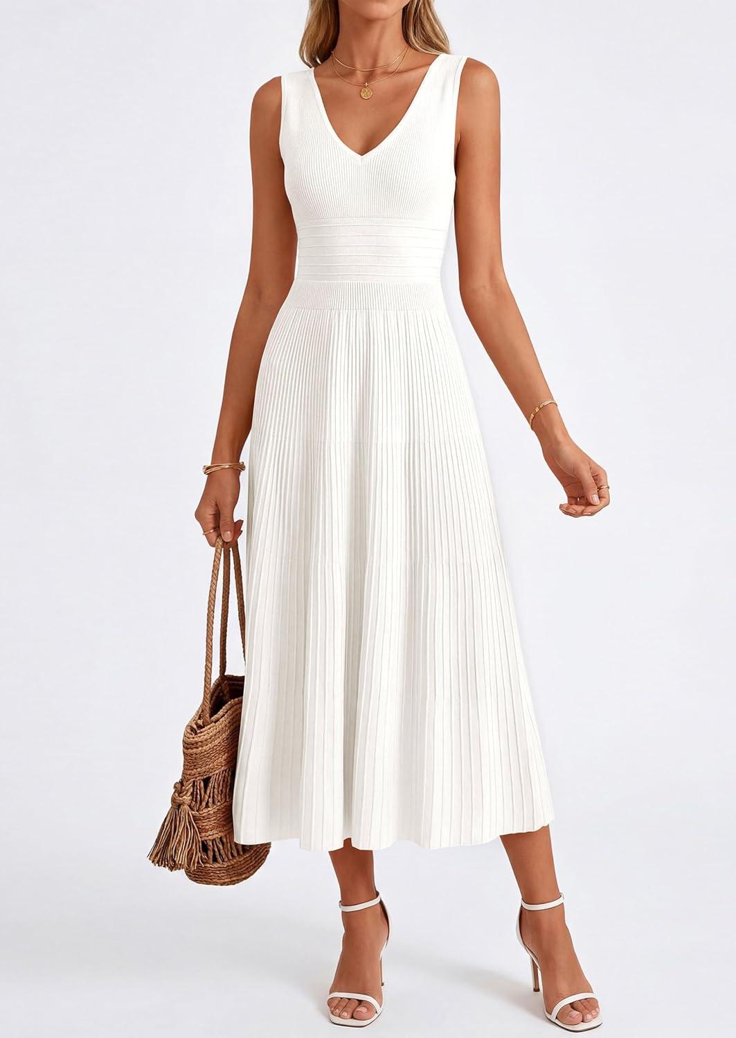 imagePRETTYGARDEN Womens Summer Casual Dresses 2026 Spring Sleeveless V Neck Knit Midi Business Work A Line Cocktail DressWhite