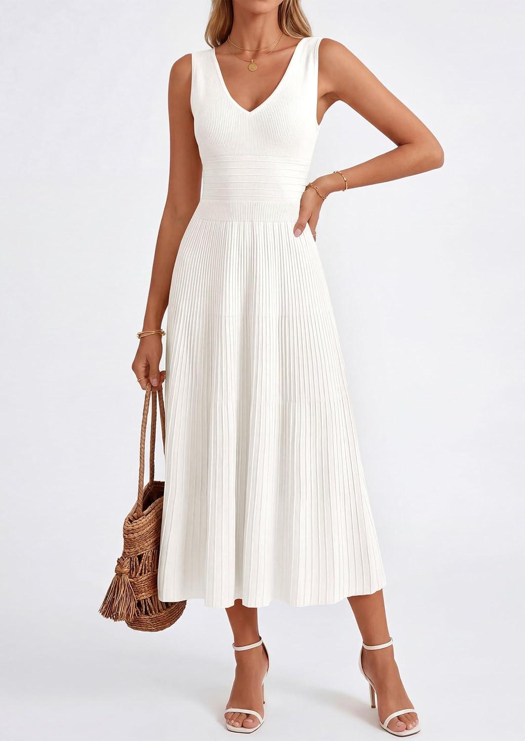imagePRETTYGARDEN Womens Summer Casual Dresses 2026 Spring Sleeveless V Neck Knit Midi Business Work A Line Cocktail DressWhite