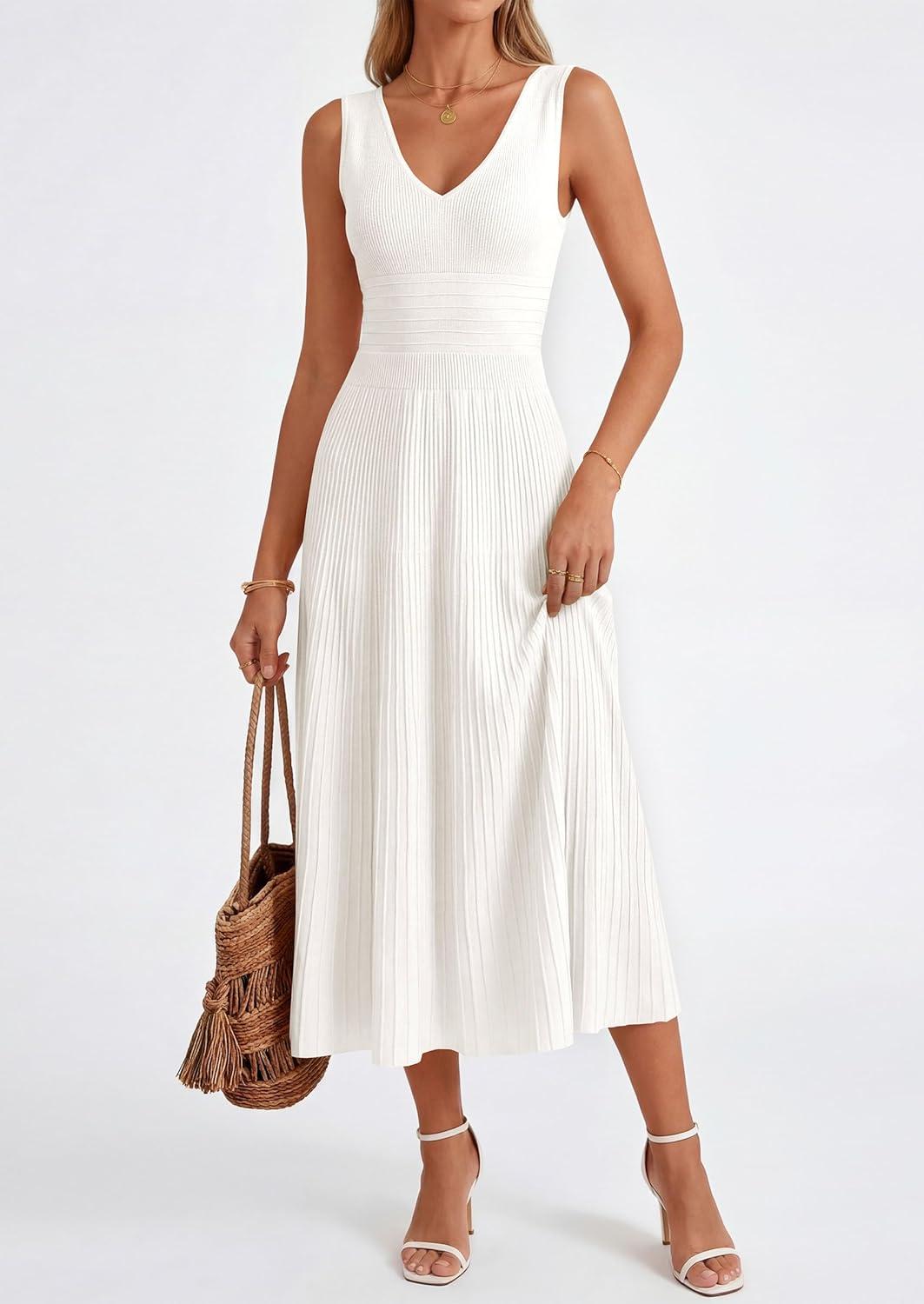 imagePRETTYGARDEN Womens Summer Casual Dresses 2026 Spring Sleeveless V Neck Knit Midi Business Work A Line Cocktail DressWhite