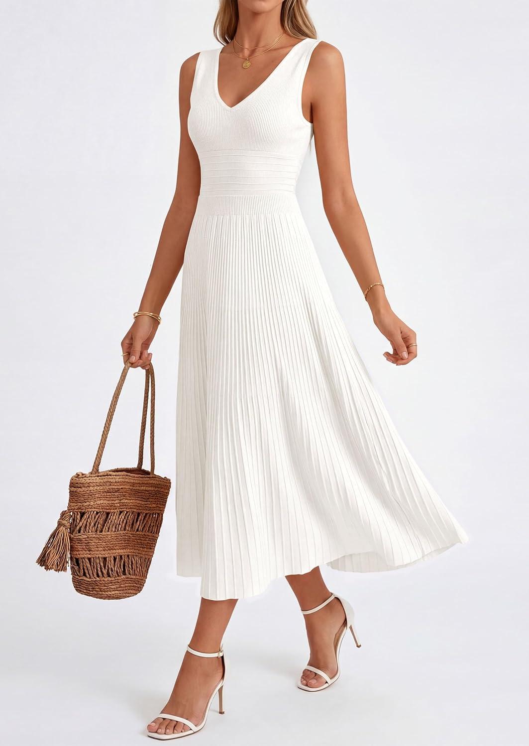 imagePRETTYGARDEN Womens Summer Casual Dresses 2026 Spring Sleeveless V Neck Knit Midi Business Work A Line Cocktail DressWhite