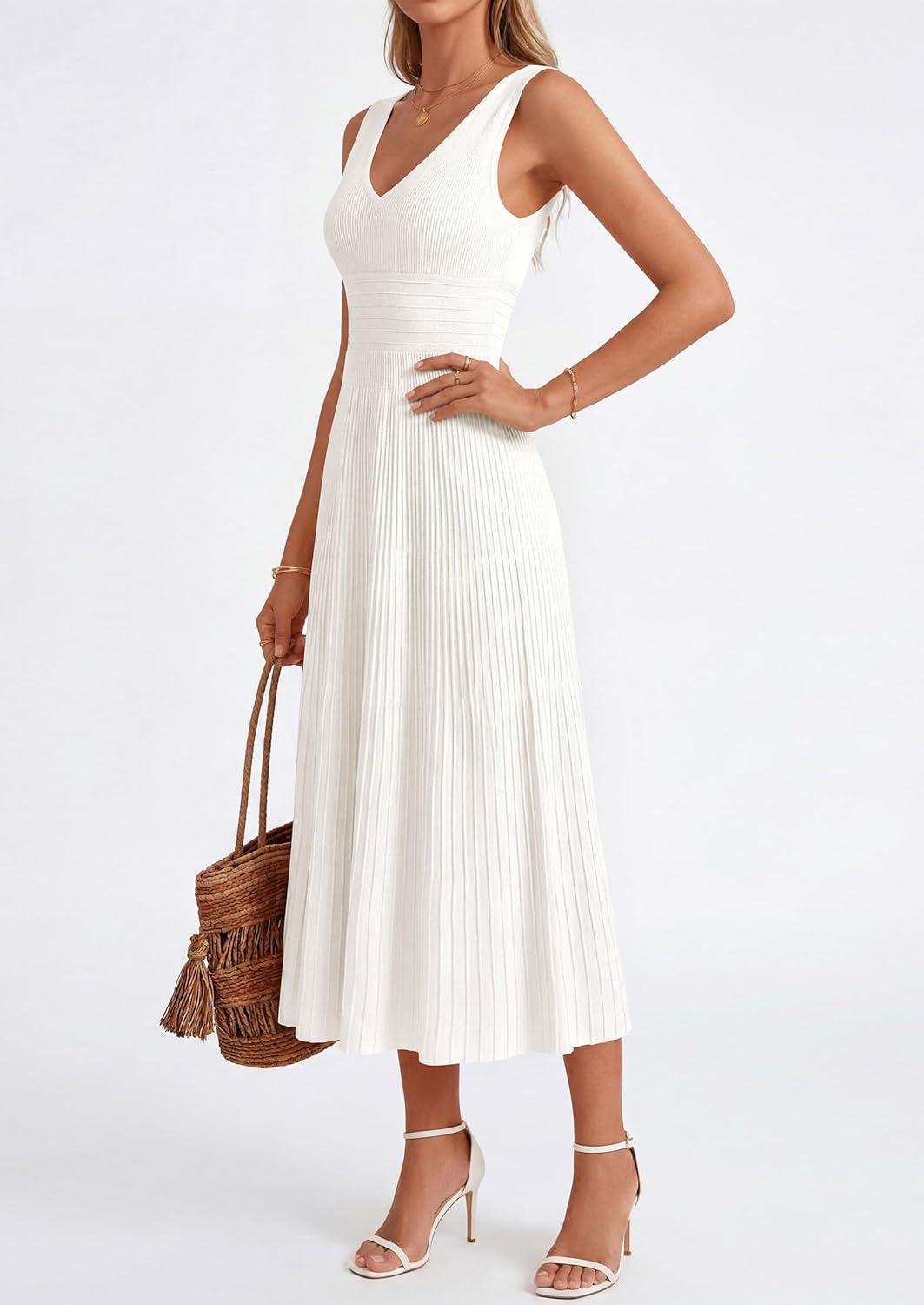 imagePRETTYGARDEN Womens Summer Casual Dresses 2026 Spring Sleeveless V Neck Knit Midi Business Work A Line Cocktail DressWhite