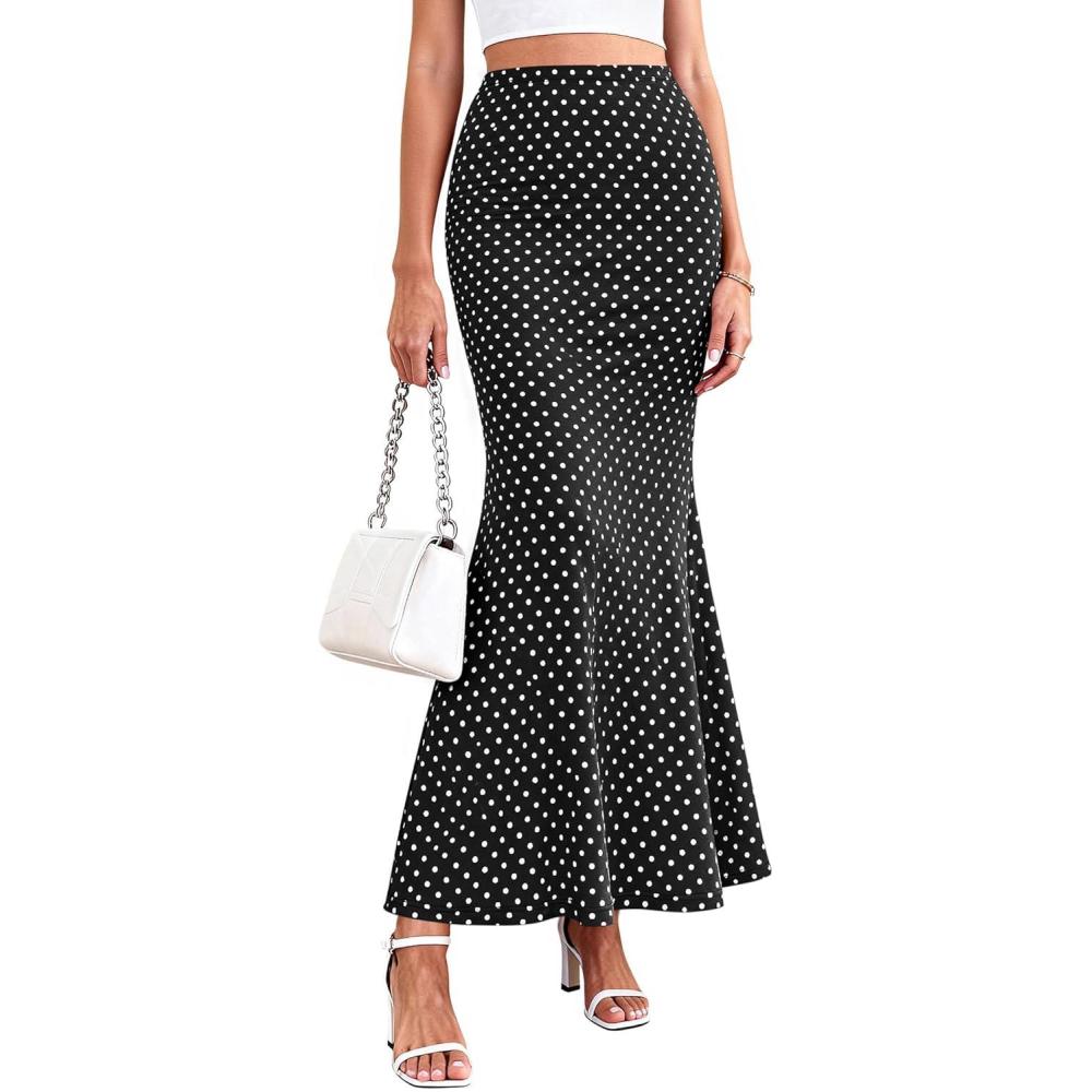 imagePRETTYGARDEN Maxi Skirts for Women 2026 Summer Flowy High Waisted Polka Dot Mermaid Office Work Spring Fashion Long SkirtDot Black White