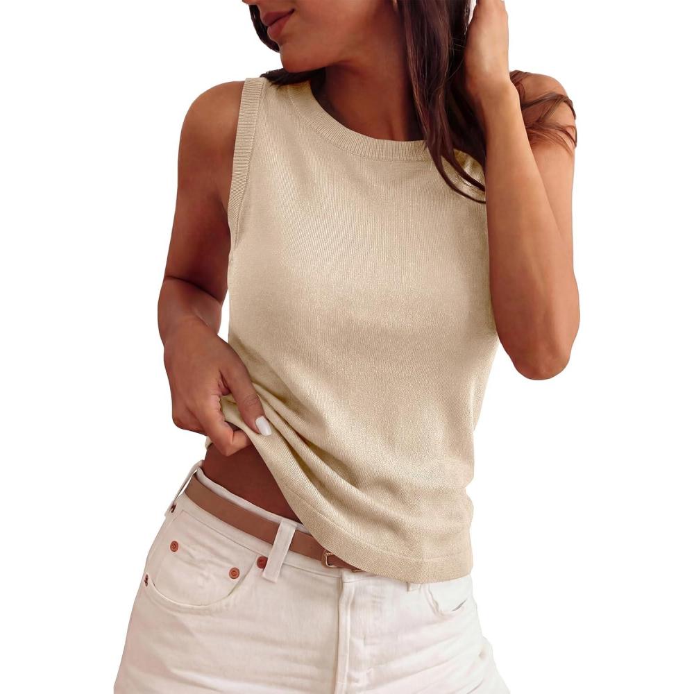 imagePRETTYGARDEN Sleeveless Sweater Tops for Women 2026 Summer Dressy Ribbed Tank Tops Spring Business Casual Work Shirts BlousesBeige