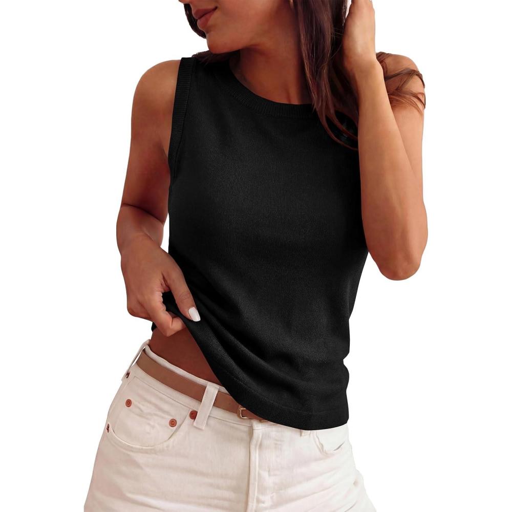 imagePRETTYGARDEN Sleeveless Sweater Tops for Women 2026 Summer Dressy Ribbed Tank Tops Spring Business Casual Work Shirts BlousesBlack