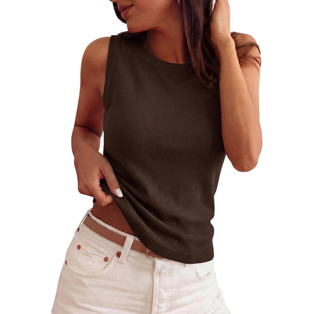 imagePRETTYGARDEN Sleeveless Sweater Tops for Women 2026 Summer Dressy Ribbed Tank Tops Spring Business Casual Work Shirts BlousesBrown