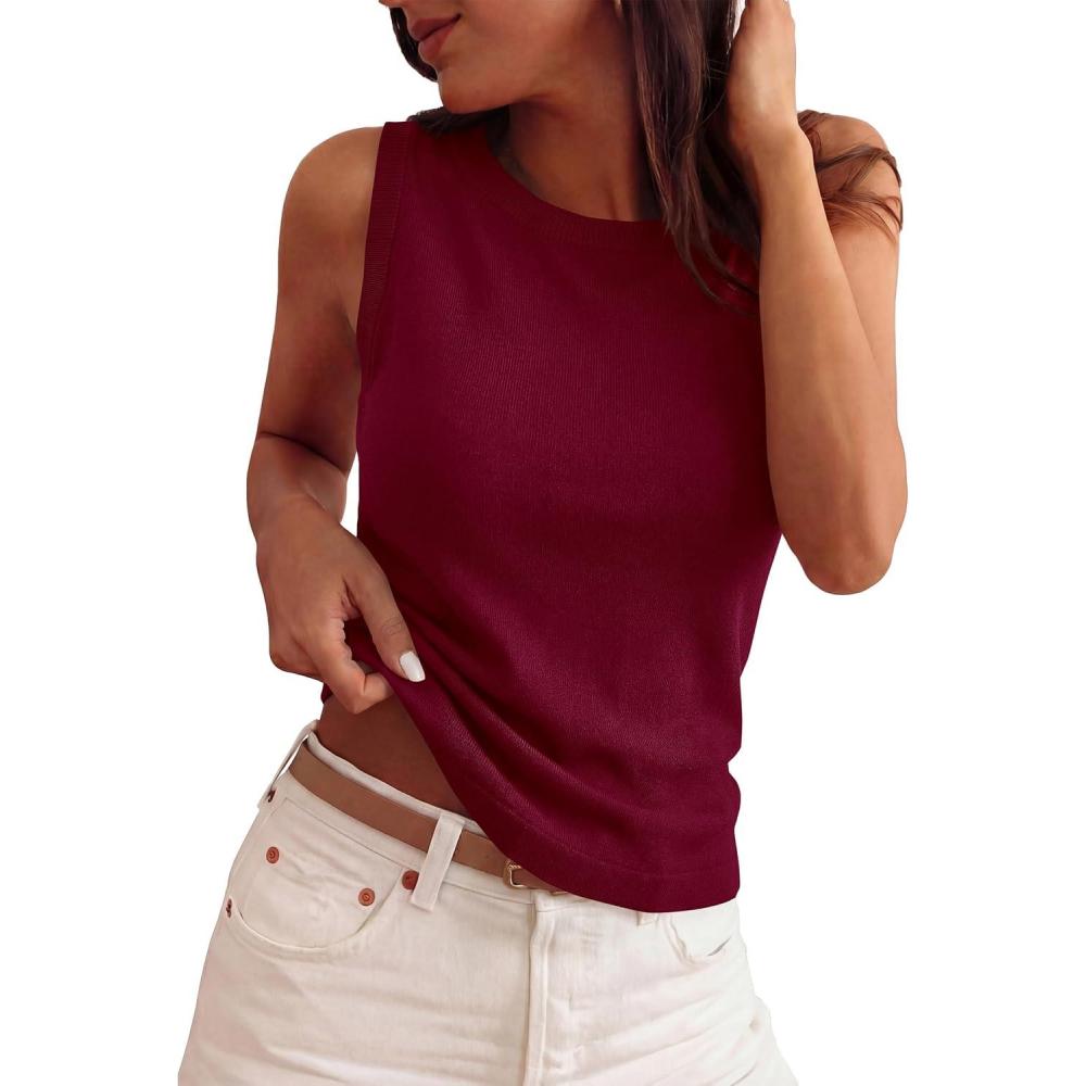 imagePRETTYGARDEN Sleeveless Sweater Tops for Women 2026 Summer Dressy Ribbed Tank Tops Spring Business Casual Work Shirts BlousesBurgundy