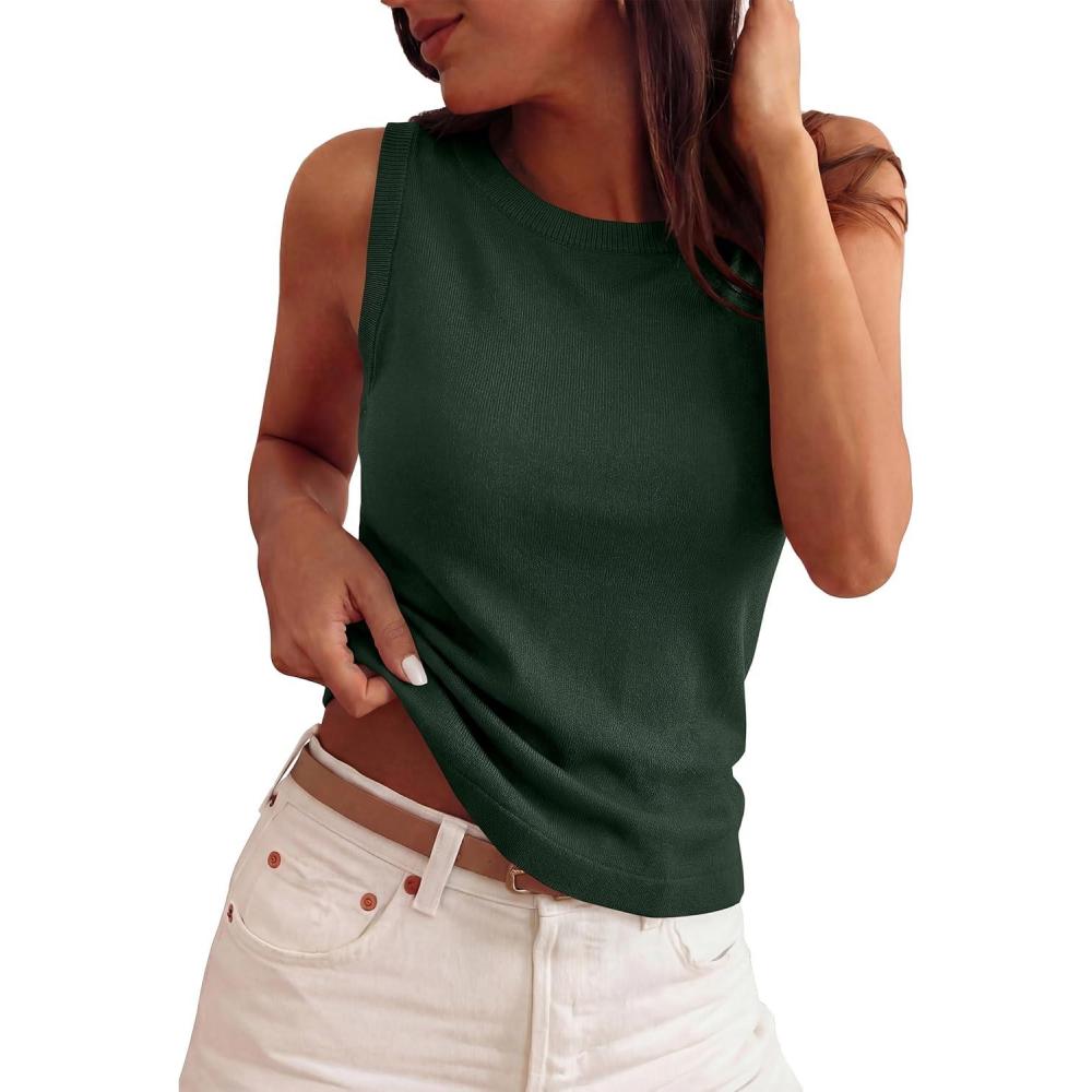 imagePRETTYGARDEN Sleeveless Sweater Tops for Women 2026 Summer Dressy Ribbed Tank Tops Spring Business Casual Work Shirts BlousesDark Green