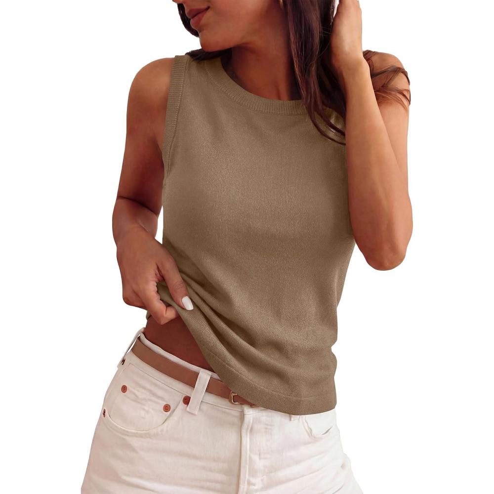 imagePRETTYGARDEN Sleeveless Sweater Tops for Women 2026 Summer Dressy Ribbed Tank Tops Spring Business Casual Work Shirts BlousesKhaki