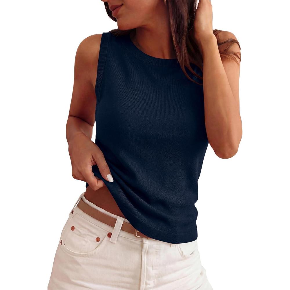 imagePRETTYGARDEN Sleeveless Sweater Tops for Women 2026 Summer Dressy Ribbed Tank Tops Spring Business Casual Work Shirts BlousesNavy Blue