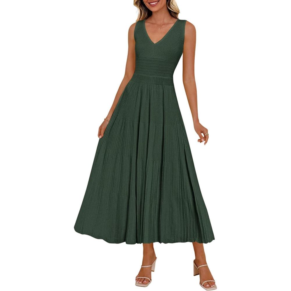 imagePRETTYGARDEN Womens Summer Casual Dresses 2026 Spring Sleeveless V Neck Knit Midi Business Work A Line Cocktail DressArmy Green