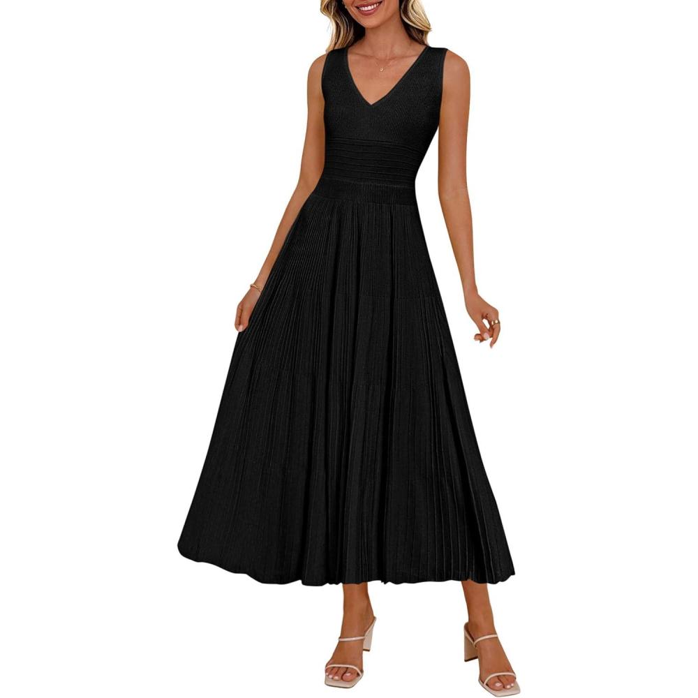 imagePRETTYGARDEN Womens Summer Casual Dresses 2026 Spring Sleeveless V Neck Knit Midi Business Work A Line Cocktail DressBlack