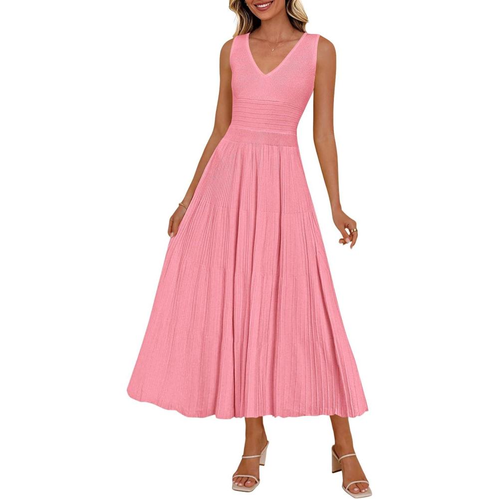 imagePRETTYGARDEN Womens Summer Casual Dresses 2026 Spring Sleeveless V Neck Knit Midi Business Work A Line Cocktail DressPink