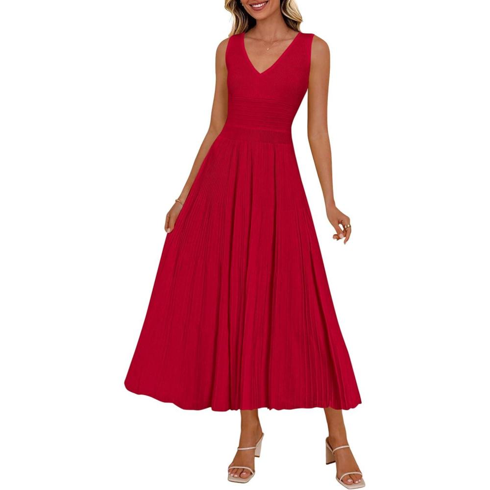 imagePRETTYGARDEN Womens Summer Casual Dresses 2026 Spring Sleeveless V Neck Knit Midi Business Work A Line Cocktail DressRed