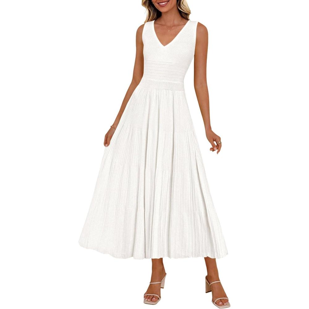 imagePRETTYGARDEN Womens Summer Casual Dresses 2026 Spring Sleeveless V Neck Knit Midi Business Work A Line Cocktail DressWhite